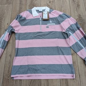 Mens Burberry Icon Striped LS Polo Shirt Pink/Gray Large